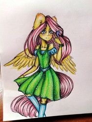 Size: 810x1080 | Tagged: safe, artist:zefirka, fluttershy, butterfly, anthro, g4, clothes, dress, ear fluff, female, signature, simple background, solo, spread wings, sundress, traditional art, white background, wings