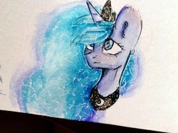 Size: 600x450 | Tagged: safe, artist:zefirka, princess luna, alicorn, pony, g4, bust, ear fluff, female, hair over one eye, mare, portrait, simple background, solo, traditional art, white background