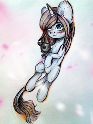 Size: 453x604 | Tagged: safe, artist:zefirka, oc, oc only, pony, unicorn, blushing, female, hoof hold, leonine tail, looking up, mare, no pupils, on back, plushie, solo, traditional art