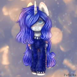 Size: 2000x2000 | Tagged: safe, artist:zefirka, oc, oc only, pony, unicorn, abstract background, blushing, clothes, colored pupils, ear fluff, female, hair over one eye, high res, looking at you, mare, signature, solo, sweater