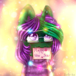 Size: 2000x2000 | Tagged: safe, artist:zefirka, oc, oc only, pony, unicorn, abstract background, blushing, bust, clothes, colored pupils, cute, female, glasses, happy new year, heart, heart eyes, high res, holiday, looking at you, mare, mouth hold, portrait, signature, solo, sweater, wingding eyes