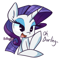 Size: 1280x1280 | Tagged: safe, artist:lilboulder, rarity, pony, unicorn, g4, bust, darling, dialogue, female, mare, open mouth, raised hoof, signature, simple background, solo, talking to viewer, white background