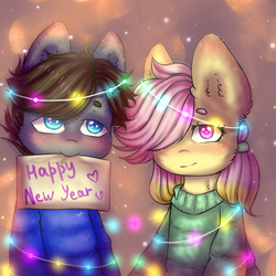 Size: 2000x2000 | Tagged: safe, artist:zefirka, oc, oc only, pony, abstract background, blushing, cheek fluff, ear fluff, female, hair over one eye, happy new year, heart eyes, high res, holiday, looking at you, male, mare, mouth hold, no pupils, oc x oc, shipping, stallion, wingding eyes