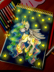 Size: 810x1080 | Tagged: safe, artist:zefirka, princess celestia, alicorn, pony, g4, colored pencil drawing, ear fluff, female, flying, hair over one eye, mare, no pupils, signature, solo, stars, traditional art
