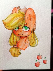 Size: 810x1080 | Tagged: safe, artist:zefirka, applejack, earth pony, pony, g4, bust, cheek fluff, chest fluff, cutie mark, ear fluff, female, freckles, hair over one eye, mare, no pupils, portrait, simple background, solo, traditional art, white background