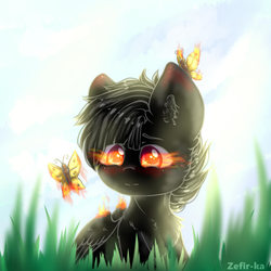 Size: 2000x2000 | Tagged: safe, artist:zefirka, oc, oc only, butterfly, pegasus, pony, cheek fluff, chest fluff, colored pupils, ear fluff, fire, flame eyes, glowing eyes, grass, high res, signature, solo, wing fluff