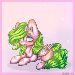 Size: 2000x2000 | Tagged: safe, artist:zefirka, oc, oc only, pegasus, pony, chest fluff, colored pupils, cute, ear fluff, female, flower, flower in hair, fluffy, hair over one eye, heart eyes, high res, leg fluff, looking at you, mare, shoulder fluff, signature, smiling, solo, wing fluff, wingding eyes