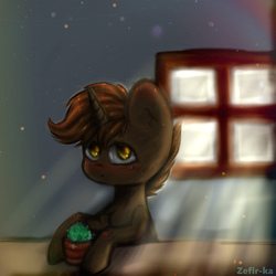 Size: 1000x1000 | Tagged: safe, artist:zefirka, oc, oc only, oc:shadowheart, pony, unicorn, colored pupils, crepuscular rays, hoof hold, looking at you, male, potted plant, signature, simple background, solo, stallion, table, window