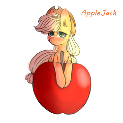 Size: 2000x2000 | Tagged: safe, artist:zefirka, applejack, earth pony, pony, g4, apple, blushing, cheek fluff, colored pupils, ear fluff, female, food, freckles, high res, looking at you, mare, name, prone, signature, simple background, smiling, solo, white background