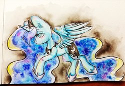Size: 2560x1767 | Tagged: safe, artist:zefirka, princess luna, alicorn, pony, g4, colored pupils, female, mare, running, sad, solo, spread wings, traditional art, wings
