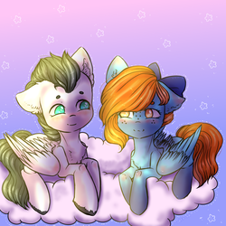 Size: 2000x2000 | Tagged: safe, artist:zefirka, oc, oc only, pegasus, pony, bow, chest fluff, cloud, ear fluff, female, floppy ears, freckles, hair bow, heart eyes, high res, looking at each other, male, mare, no pupils, oc x oc, shipping, signature, sky, smiling, stallion, unshorn fetlocks, wingding eyes