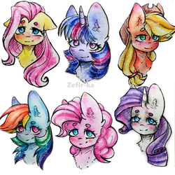 Size: 2000x2000 | Tagged: safe, artist:zefirka, applejack, fluttershy, pinkie pie, rainbow dash, rarity, twilight sparkle, alicorn, earth pony, pegasus, pony, unicorn, blushing, bust, chest fluff, ear fluff, female, floppy ears, looking at you, mane six, mare, no pupils, portrait, signature, simple background, smiling, white background