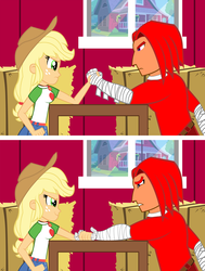 Size: 3191x4216 | Tagged: safe, artist:trungtranhaitrung, applejack, equestria girls, g4, arm wrestling, comic, crossover, equestria girls-ified, knuckles the echidna, male, sonic the hedgehog, sonic the hedgehog (series)
