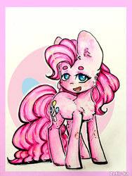 Size: 2976x3968 | Tagged: safe, artist:zefirka, pinkie pie, earth pony, pony, g4, beanbrows, cheek fluff, chest fluff, cutie mark background, ear fluff, eyebrows, female, fluffy, happy, heart eyes, high res, leg fluff, looking at you, mare, open mouth, shoulder fluff, signature, solo, standing, turned head, wingding eyes