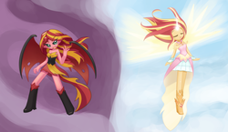 Size: 1719x1000 | Tagged: safe, artist:howxu, sunset shimmer, equestria girls, g4, my little pony equestria girls, my little pony equestria girls: friendship games, clothes, daydream shimmer, dress, duo, evil, eyes closed, good, smiling, sunset satan, sunset's conscience