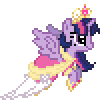 Size: 106x108 | Tagged: safe, artist:botchan-mlp, twilight sparkle, alicorn, pony, g4, animated, big crown thingy, clothes, coronation dress, desktop ponies, dress, element of magic, female, flying, gif, jewelry, mare, pixel art, regalia, simple background, solo, sprite, transparent background, twilight sparkle (alicorn)