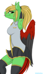 Size: 581x1000 | Tagged: safe, artist:melodytheartpony, oc, oc:kerrigan, pegasus, anthro, clothes, commission, cosplay, costume, female, kneesocks, simple background, socks, solo, transparent background, vocaloid