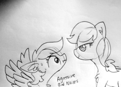 Size: 1579x1138 | Tagged: safe, artist:tjpones, applejack, rainbow dash, earth pony, pegasus, pony, g4, bird noises, chest fluff, descriptive noise, duo, ear fluff, female, floppy ears, grayscale, lidded eyes, lineart, looking at each other, manji, mare, misspelling, monochrome, scrunchy face, smol, smoldash, spread wings, staring contest, sweat, traditional art, wings