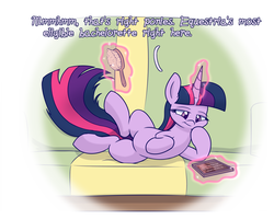 Size: 1500x1200 | Tagged: safe, artist:heir-of-rick, twilight sparkle, pony, unicorn, g4, brush, couch, description is relevant, dialogue, female, glowing horn, hairbrush, horn, magic, mare, solo, telekinesis, unicorn twilight