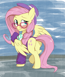 Size: 1564x1824 | Tagged: safe, artist:vistamage, fluttershy, pegasus, pony, fake it 'til you make it, g4, blushing, butt, clothes, cute, female, flutterbutt, glasses, hat, hipstershy, looking back, mare, plot, shyabetes, smiling