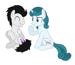 Size: 2462x2130 | Tagged: safe, artist:flipwix, oc, oc:pipe dream, oc:silver scroll, pegasus, pony, unicorn, commission, digital art, duo, grin, high res, hooves together, hooves up, male, raised hoof, simple background, sitting, smiling, stallion, transparent background