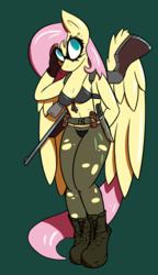 Size: 1101x1910 | Tagged: safe, artist:haphaz-art, fluttershy, pegasus, anthro, plantigrade anthro, g4, breasts, cleavage, clothes, female, gun, makeup, metal gear, metal gear solid, parody, quiet (metal gear), rifle, solo, sports bra, stockings, thigh highs, torn clothes, weapon