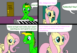 Size: 980x673 | Tagged: safe, artist:didgereethebrony, fluttershy, oc, oc:didgeree, comic:wreck of the renaissance, g4, cabin, door, electric piano, keyboard, musical instrument, piano