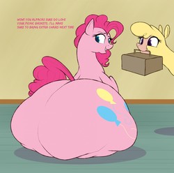 Size: 1280x1269 | Tagged: safe, artist:astr0zone, paprika (tfh), pinkie pie, alpaca, earth pony, pony, them's fightin' herds, g4, community related, duo, fat, huge butt, impossibly large butt, large butt, long neck, looking back, mouth hold, picnic blanket, pudgy pie, sitting, the ass was fat, wide hips