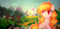 Size: 2142x1028 | Tagged: safe, artist:withered-plantt, oc, oc only, oc:storm shield, butterfly, pegasus, pony, cute, solo