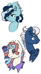 Size: 560x1002 | Tagged: safe, artist:scaryberryfairy, oc, oc only, oc:midnight snack, oc:mystic twirl, oc:swift gale, pegasus, pony, unicorn, bust, female, magical lesbian spawn, male, mare, offspring, parent:moondancer, parent:night glider, parent:party favor, parent:trixie, parents:partyglider, stallion