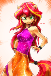 Size: 1377x2039 | Tagged: safe, artist:oberon826, sunset shimmer, equestria girls, g4, armpits, clothes, female, looking at you, ponied up, skirt, sleeveless, solo
