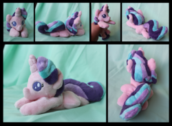 Size: 2250x1644 | Tagged: safe, artist:sonic-spatula, starlight glimmer, pony, unicorn, g4, baby, baby pony, baby pony plushies, babylight glimmer, beanie (plushie), female, irl, lying down, multiple views, photo, plushie, prone, solo