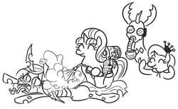 Size: 772x476 | Tagged: safe, artist:jargon scott, queen chrysalis, starlight glimmer, thorax, trixie, changedling, changeling, changeling queen, pony, unicorn, g4, abuse, accessory theft, black and white, bug blast, bug spray, chrysabuse, crying, female, gas mask, grayscale, hoof hold, king thorax, male, mare, mask, monochrome, murder, pesticide, prone, punish the villain, simple background, smiling, starlight vs chrysalis, tongue out, white background