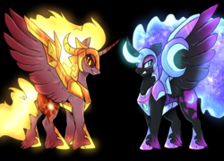 Size: 2500x1800 | Tagged: dead source, safe, artist:not-ordinary-pony, daybreaker, nightmare moon, alicorn, pony, g4, armor, black background, ethereal mane, female, galaxy mane, hoof shoes, horn, looking at you, mare, redesign, simple background, spread wings, wings