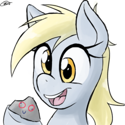 Size: 1024x1024 | Tagged: safe, artist:ketirz, derpy hooves, pony, g4, female, happy, mare, pet rock, rock, simple background, smiling, solo, white background