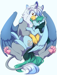 Size: 1600x2100 | Tagged: safe, artist:spazzykoneko, oc, oc only, oc:ganix, oc:liz, griffon, pegasus, pony, :p, beak, cuddling, cute, duo, ear piercing, fluffy, galiz, happy, holding, holding a pony, hoof around neck, hug, interspecies, love, paw pads, paws, piercing, romantic, shipping, silly, size difference, smiling, snuggling, spread wings, squishy cheeks, talons, tongue out, two toned mane, underhoof, underpaw, weapons-grade cute, wings