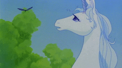 Size: 1280x720 | Tagged: safe, butterfly, classical unicorn, pony, unicorn, amalthea, animated, beatnik, blinking, cloven hooves, cute, female, flying, horn, leonine tail, lidded eyes, looking around, looking at something, mare, no sound, open mouth, singing, sky, smiling, solo, the last unicorn, tree, turning, unshorn fetlocks, webm