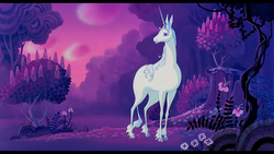 Size: 1366x768 | Tagged: safe, classical unicorn, pony, unicorn, amalthea, bush, cloven hooves, female, flower, forest, horn, leonine tail, scenery, sky, the last unicorn, tree, unshorn fetlocks