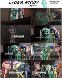 Size: 3929x4904 | Tagged: safe, artist:goatcanon, bacon braids, bon bon, lyra heartstrings, night glider, sugar belle, sweetie drops, comic:lyra's story, g4, the cutie map, 3d, comic, dialogue, equal cutie mark, grin, our town, smiling, source filmmaker, starlight's village