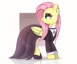 Size: 1600x1319 | Tagged: safe, artist:shmel, fluttershy, pegasus, pony, fake it 'til you make it, g4, clothes, ear piercing, earring, eyeshadow, female, fluttergoth, jewelry, makeup, mare, piercing, shoes, simple background, solo