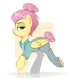 Size: 1097x1150 | Tagged: safe, artist:shmel, fluttershy, pegasus, pony, fake it 'til you make it, g4, clothes, female, looking at you, mare, profile, severeshy, simple background, solo