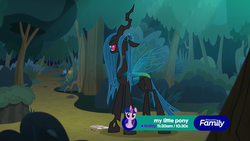 Size: 1920x1080 | Tagged: safe, screencap, queen chrysalis, twilight sparkle, changeling, changeling queen, g4, season 8, the mean 6, discovery family logo, eyes closed, female, laughing, solo, youtube link