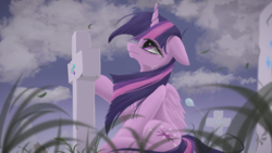 Size: 1920x1080 | Tagged: safe, artist:fluttersheeeee, twilight sparkle, alicorn, pony, g4, balloon, cross, crying, cutie mark, female, gravestone, immortality blues, implied death, implied pinkie pie, implied rarity, implied starlight glimmer, looking up, mare, sitting, solo, twilight sparkle (alicorn), twilight will outlive her friends