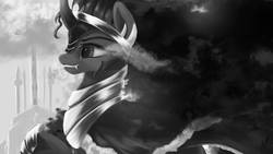Size: 1920x1080 | Tagged: safe, artist:fluttersheeeee, king sombra, pony, unicorn, g4, cape, clothes, crystal palace, fangs, grayscale, jewelry, male, monochrome, profile, regalia, shadow, solo, stallion