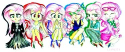Size: 3771x1571 | Tagged: safe, artist:liaaqila, fluttershy, bat pony, equestria girls, fake it 'til you make it, g4, my little pony: the movie, alternate hairstyle, barefoot, clothes, cute, dress, eyes closed, eyeshadow, feather, feet, female, fetish, flutterbat, fluttergoth, foot fetish, glasses, hipstershy, laughing, makeup, multeity, open mouth, pirate fluttershy, race swap, severeshy, shorts, shyabates, shyabetes, simple background, skirt, tank top, tickling, traditional art, valley girl, white background