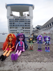 Size: 3456x4608 | Tagged: safe, daring do, rarity, sci-twi, starlight glimmer, sunset shimmer, twilight sparkle, equestria girls, g4, my little pony equestria girls: better together, cruise, day, doll, equestria girls minis, female, irl, photo, singapore, toy