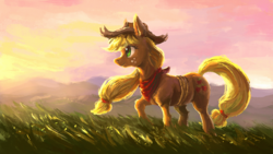 Size: 1921x1080 | Tagged: safe, artist:plainoasis, applejack, earth pony, pony, g4, bandana, cowboy hat, female, freckles, grass field, hat, looking away, mare, profile, smiling, solo, stetson, windswept mane