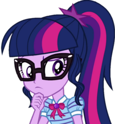 Size: 959x1032 | Tagged: safe, artist:thebarsection, sci-twi, twilight sparkle, equestria girls, equestria girls series, g4, clothes, female, glasses, simple background, solo, thinking, transparent background