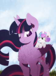 Size: 1024x1388 | Tagged: safe, artist:hagalazka, princess flurry heart, twilight sparkle, alicorn, pony, g4, :3, :p, aunt and niece, auntie twilight, baby, baby pony, chest fluff, colored pupils, colored wings, colored wingtips, cute, fluffy, flurry heart riding twilight, flurrybetes, foal, leaning, leg fluff, multicolored wings, neck fluff, ponies riding ponies, riding, silly, smiling, tongue out, twilight sparkle (alicorn), wing fluff