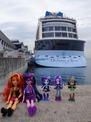 Size: 3456x4608 | Tagged: safe, daring do, rarity, sci-twi, starlight glimmer, sunset shimmer, twilight sparkle, equestria girls, equestria girls series, g4, cruise ship, day, doll, equestria girls minis, female, irl, photo, singapore, toy